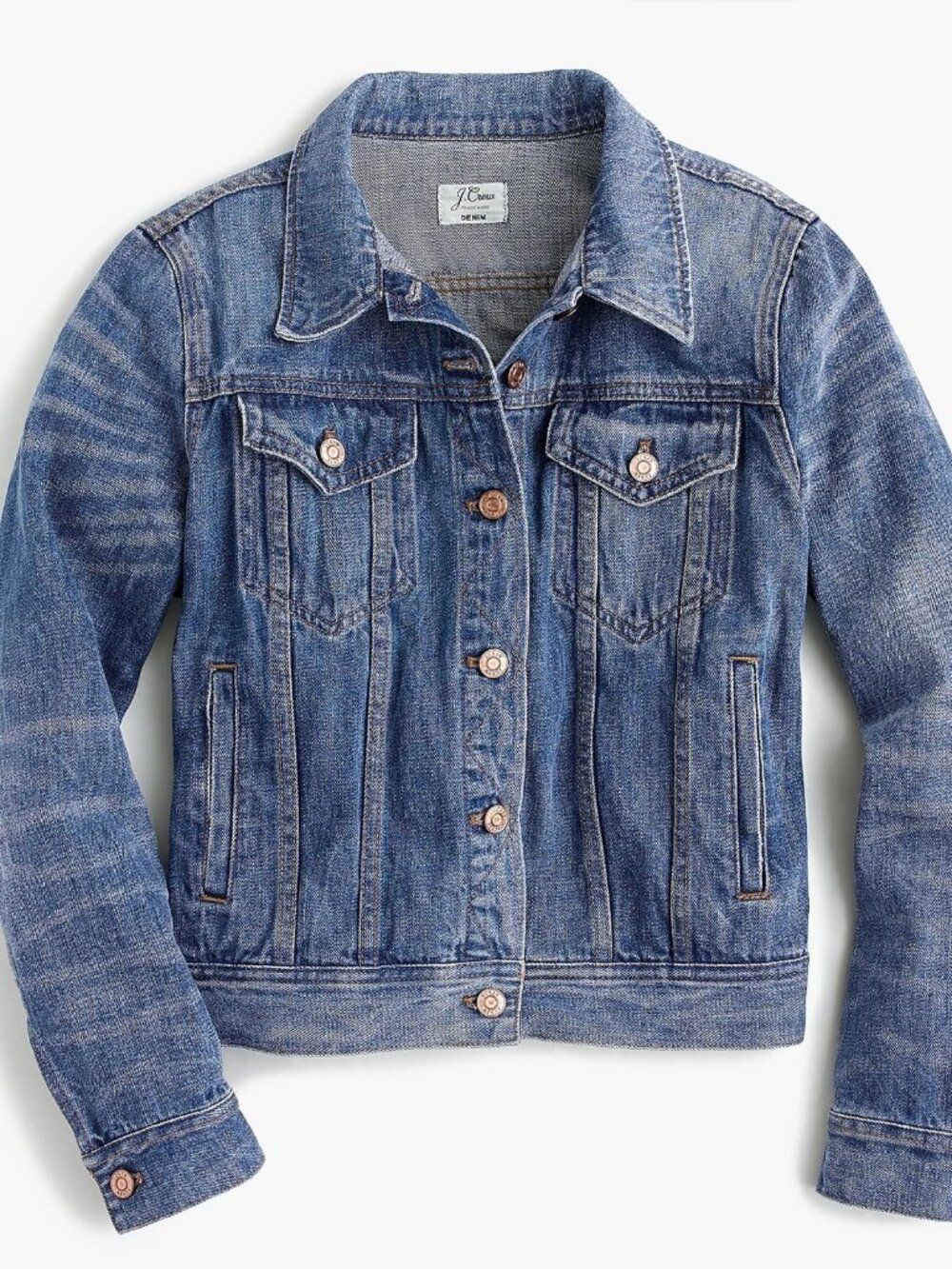 J Crew Classic Denim Jacket in Newton Wash Denim Cotton Copper Buttons Point Col